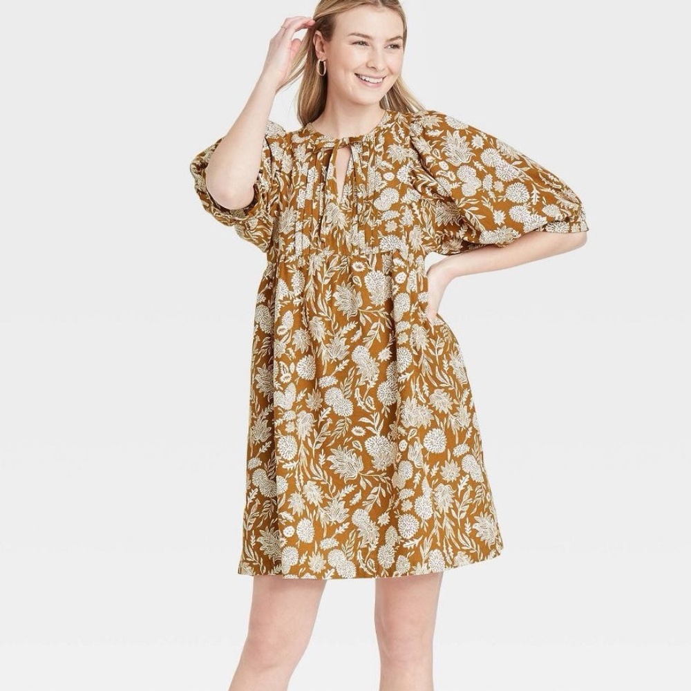 A New Day Puff Elbow Sleeve Babydoll Dress Womens Small Mustard Yellow Floral
